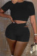 Black Fashion Casual Solid Hollowed Out O Neck Short Sleeve Two Pieces