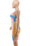 Pink Fashion Sexy Tie Dye Printing V Neck Vest Dress