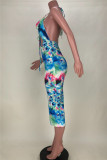 Blue Sexy Print Tie Dye Backless Strap Design Halter Sleeveless Dress