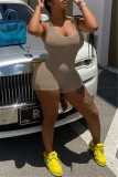 Grey Fashion Casual Solid Backless U Neck Sleeveless Skinny Romper