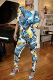 Blue Fashion Casual Print Basic V Neck Short Sleeve Two Pieces
