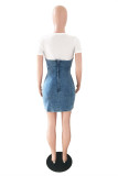 Blue Fashion Patchwork Bandage V Neck Short Sleeve Denim Dress