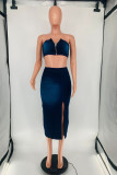 Dark Blue Sexy Casual Solid Backless Slit Strapless Sleeveless Two Pieces