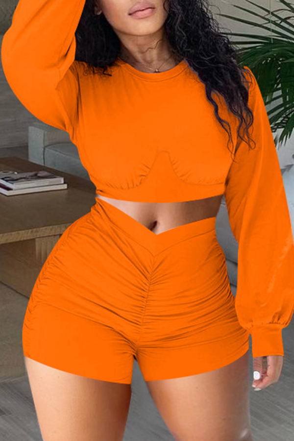Tangerine Red Casual Solid Patchwork O Neck Long Sleeve Two Pieces