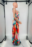 Multicolor Fashion Sexy Print Bandage Hollowed Out Backless Halter Long Dress