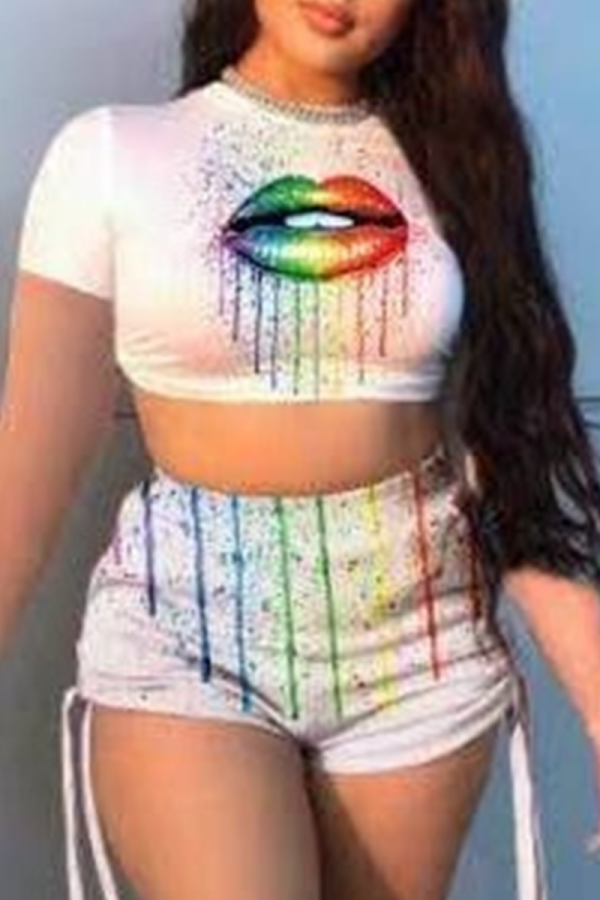 White Sexy Casual Print Patchwork O Neck Short Sleeve Two Pieces