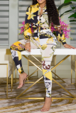 Black White Casual Print Patchwork Turndown Collar Long Sleeve Two Pieces