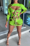 Light Green Fashion Sexy Print Bandage Hollowed Out O Neck Long Sleeve Dresses
