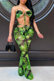 Green Sexy Print Hollowed Out Halter Sleeveless Two Pieces