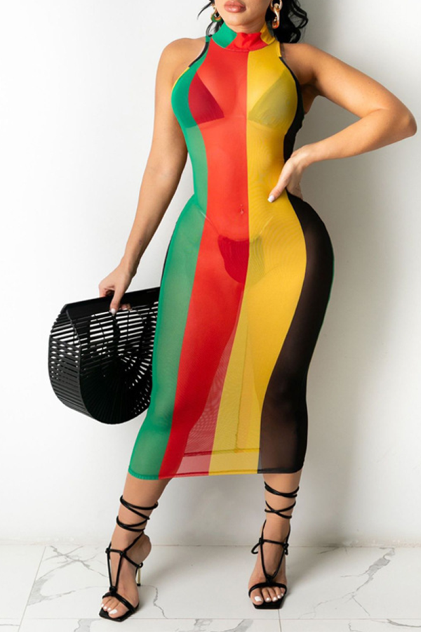 Yellow Sexy Striped Patchwork Half A Turtleneck Pencil Skirt Dresses