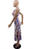Multicolor Fashion Sexy Print Backless Slit Spaghetti Strap Sleeveless Dress