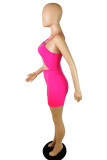 Pink Sexy Patchwork Solid Hollowed Out Backless Spaghetti Strap Skinny Romper