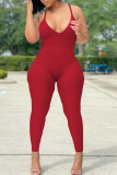 Burgundy Casual Solid Patchwork Spaghetti Strap Skinny Jumpsuits