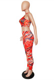 Red Sexy Casual Print Backless U Neck Sleeveless Two Pieces