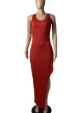 Red Sexy Solid Patchwork Backless Asymmetrical O Neck Vest Dress Dresses