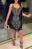 Apricot Fashion Sexy Patchwork Hot Drill Spaghetti Strap Sleeveless Dress