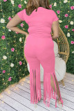 Pink Fashion Casual Solid Tassel Pants O Neck Short Sleeve Two Pieces