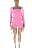 Pink Casual Solid Patchwork Draw String Fold U Neck Skinny Rompers