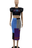 Pink Street Print Patchwork O Neck Sleeveless Two Pieces