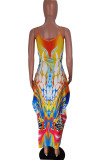 Yellow Fashion Sexy Print Backless Spaghetti Strap Sleeveless Dress
