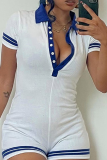 Blue Casual Solid Patchwork Turndown Collar Skinny Rompers