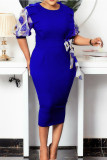 Blue Gray Casual Print Split Joint With Bow O Neck Pencil Skirt Dresses