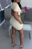 Apricot Sexy Casual Solid Backless V Neck Short Sleeve Two Pieces