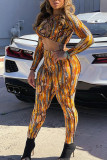 Yellow Sexy Print Hollowed Out Patchwork Frenulum O Neck Long Sleeve Two Pieces