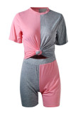 Pink Casual Solid Split Joint  Contrast O Neck Short Sleeve Two Pieces