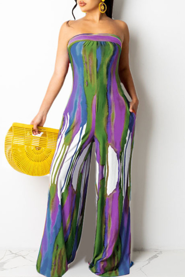 Green Sexy Casual Print Bandage Backless Strapless Regular Jumpsuits