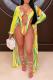 Yellow Sexy Print Hollowed Out Patchwork Swimwears