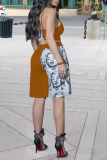 Grey Casual Print Patchwork Spaghetti Strap Sleeveless Two Pieces