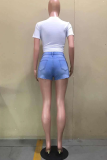 Baby Blue Sexy Solid High Opening Mid Waist Skinny Denim Shorts