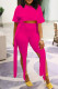 Rose Red Fashion Casual Solid Asymmetrical O Neck Short Sleeve Two Pieces