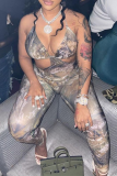 Brown Sexy Print Hollowed Out Spaghetti Strap Skinny Jumpsuits