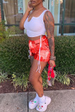 Rose Red Sexy Print Ripped Contrast Spaghetti Strap Sleeveless Two Pieces