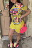 Yellow Fashion Casual Print Basic O Neck Short Sleeve Two Pieces