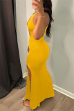 Yellow Fashion Sexy Solid Hollowed Out Slit O Neck Sleeveless Dress