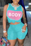 Light Blue Casual Sportswear Letter Print Vests O Neck Sleeveless Two Pieces