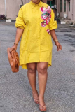 Yellow Casual Print Turndown Collar Shirt Dress Plus Size Dresses