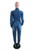 Dark Blue Fashion Casual Solid With Belt Turndown Collar Regular Jumpsuits