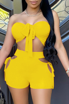 Yellow Sexy Solid Hollowed Out Strapless Two Pieces