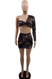 Multicolor Fashion Sexy Print Backless One Shoulder Long Sleeve Two Pieces