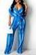 Blue Fashion Casual Striped Print Bandage V Neck Short Sleeve Two Pieces