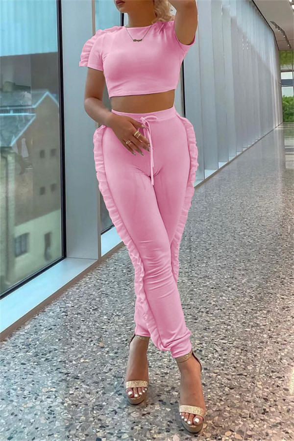 Pink Fashion Casual Solid Patchwork O Neck Short Sleeve Two Pieces