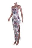 Rose Red Fashion Sexy Print Backless Slit Spaghetti Strap Sleeveless Dress