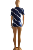 Light Blue Casual Print Patchwork O Neck Mid Waist T-Shirts