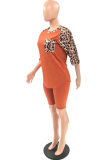 Rose Red Casual Leopard Patchwork O Neck Short Sleeve Two Pieces