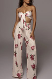 White British Style Print Patchwork Knotted Strapless Sleeveless Two Pieces