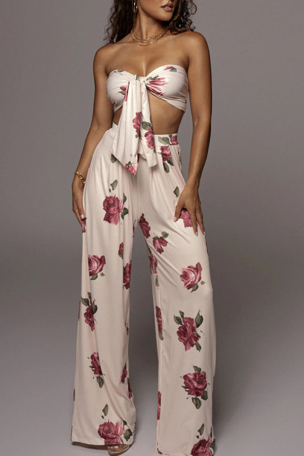 White British Style Print Patchwork Knotted Strapless Sleeveless Two Pieces